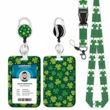 St.Patrick's Day Clover Print Lanyards For ID Badges, Green Leaf ID Badge Holder With Lanyard Retractable Badge Holder/Reel Lanyard, Teacher Student Office Gifts,CloverShamrock - 三葉草 - 查看 1