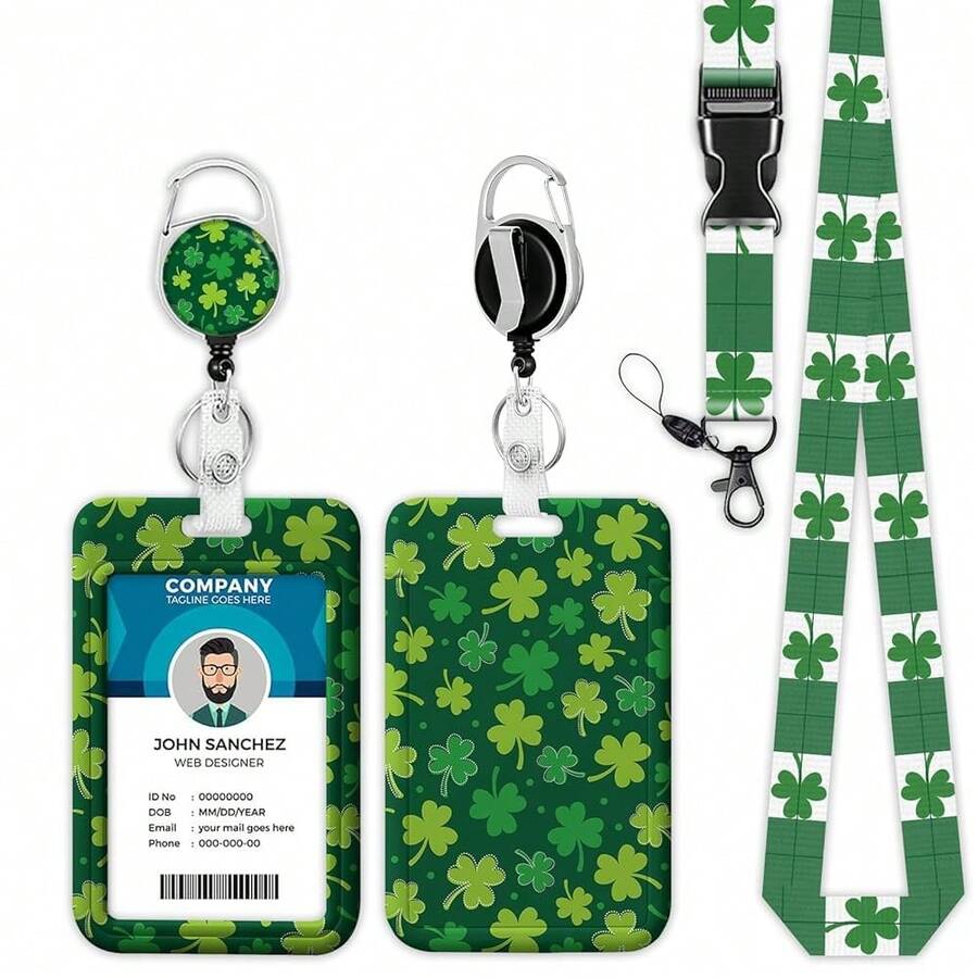 St.Patrick's Day Clover Print Lanyards For ID Badges, Green Leaf ID Badge Holder With Lanyard Retractable Badge Holder/Reel Lanyard, Teacher Student Office Gifts,CloverShamrock - 三葉草 - 查看 1