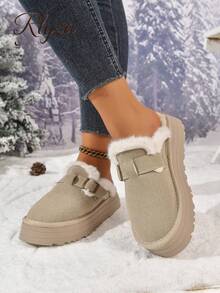 1 par de zapatos de plataforma de tela de unicolor, adecuados para usar en casa en otoño/invierno, zapatos de piel, zapatos tipo mule - Caqui - Ver 4