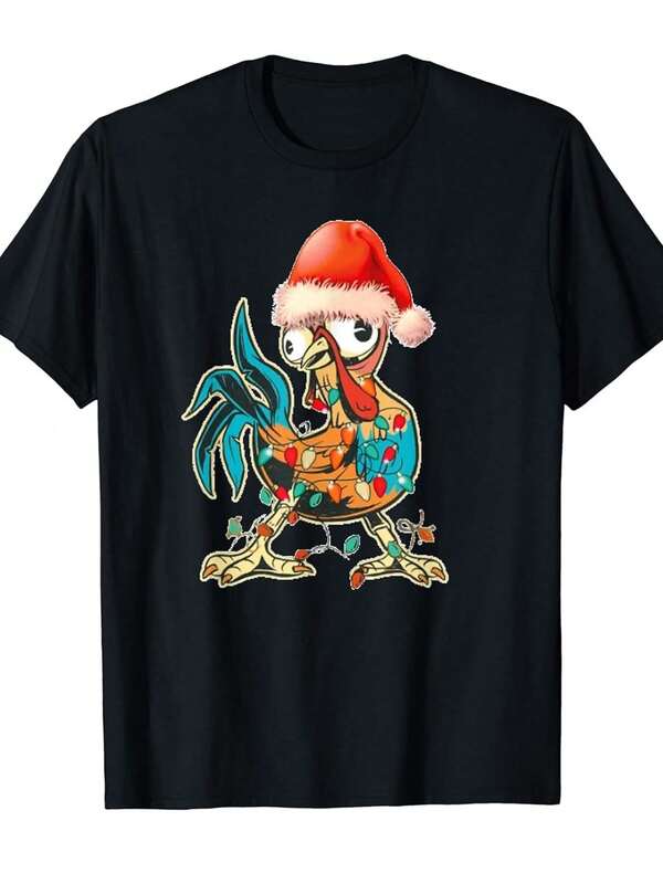 Funny Christmas Chicken T-Shirt With Santa Hat & Lighted Tree Design - 100% Crew Neck Casual Tee For Men & Women, Unisex Adult & Youth Holiday Party Outfit, Spring Summer Fall Festive Apparel