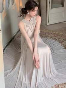 优雅纯色网纱吊带连衣裙，法式无袖A字鸡尾酒裙，适合夏季度假、情人节派对、特殊场合 - 淺粉色 - 查看 7