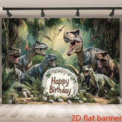 Biểu ngữ phẳng 2D 1 Biểu ngữ tiệc khủng long rừng rậm với nền polyester màu xanh lá cây đậm, có đá khủng long chân thực và lá cây rực rỡ, thích hợp để trang trí sinh nhật, đạo cụ chụp ảnh và trang trí tường phòng