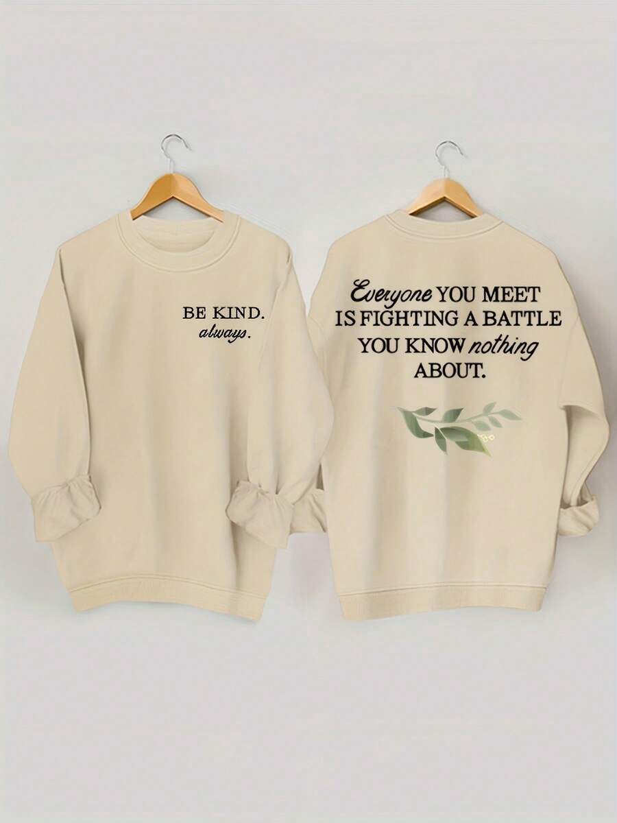 Winter Clothes Vibrant Plant & Letter Print Crew Neck Sweatshirt - Cozy Long Sleeve, Casual Women's Clothing - Soft, Breathable, And Comfortable - 杏色 - 查看 1