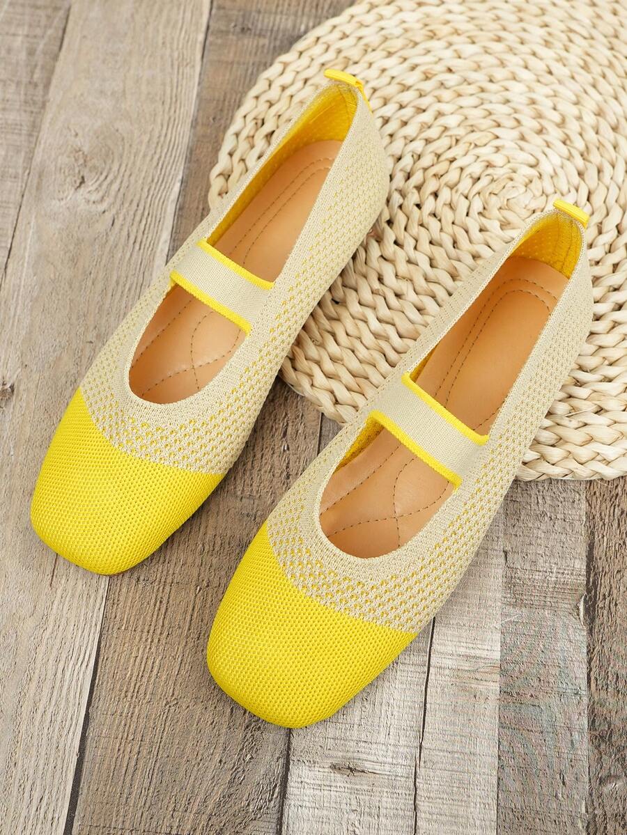 1 Pair Women's Knitted Square Toe Mary Jane Shoes, Beige & Contrasting Color Breathable Flat Shoes, Comfortable One-Piece Belt Casual Everyday Wear - Yellow - View 1