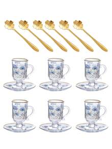 一套六件中东风格茶杯碟套装，复古棕色玻璃花卉图案茶/咖啡杯，杯腰设计，加厚杯底，防止茶水变凉，适合六人使用，是生日、聚会、下午茶的理想之选。 - 彩色 - 查看 17