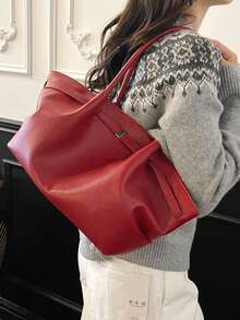 2025新款大容量女士腋下包，时尚通勤手提包，高端多功能单肩托特包 - 紅色 - 查看 4