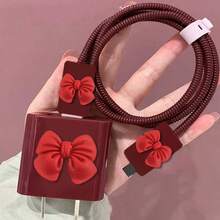 5pcs/Set Wine Red Cherry/Butterfly Design Protective Case Compatible With Apple 18-20W Charger, Data Cable Protector - Wine Red - View 4