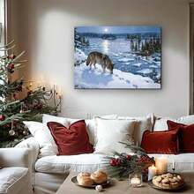 Misterioso arte de pared en lienzo con marco de madera de lobo de montaña de nieve natural de invierno - pintura de escena de lobo de invierno y nieve, enmarcada,últiples tamaños, adecuada para decoración de sala de estar, dormitorio, oficina de tranquilidad y paisaje natural - regalo de Navidad para el hogar - transparente - Ver 10