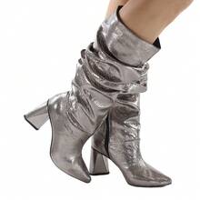 Women's Slouchy Wrinkled High Boot With 7.5 Cm Geometric Chunky Heel And Pointed Toe - Comfortable - Grey - View 1