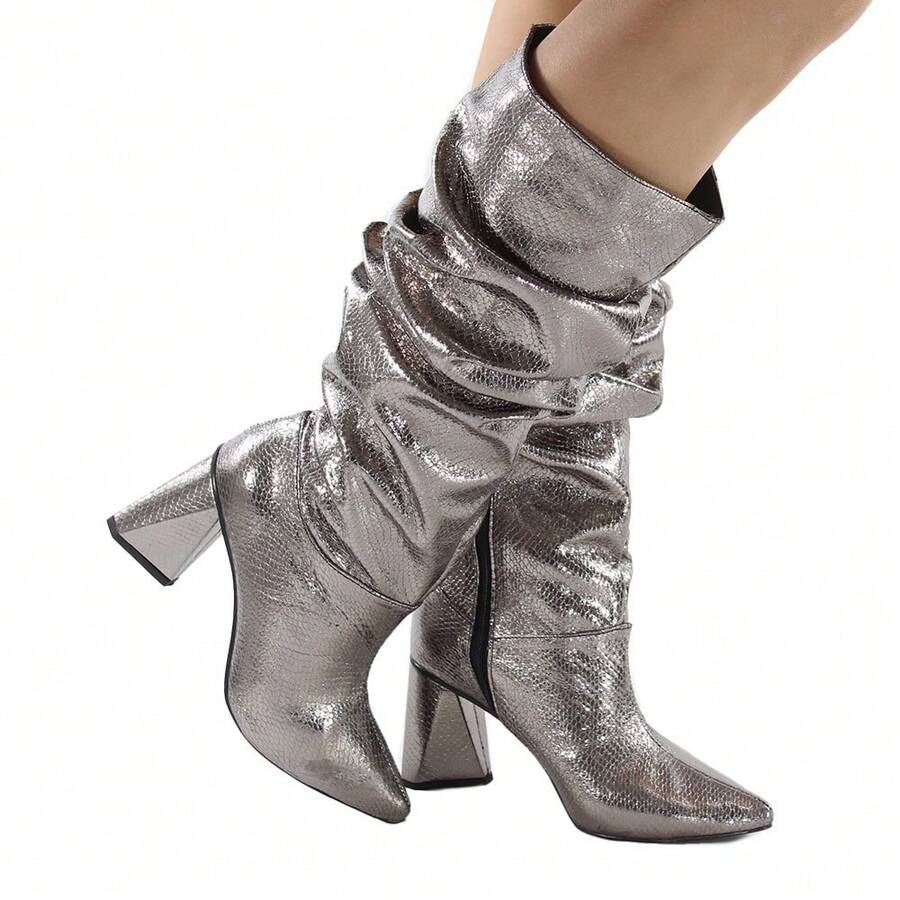 Women's Slouchy Wrinkled High Boot With 7.5 Cm Geometric Chunky Heel And Pointed Toe - Comfortable - Grey - View 1