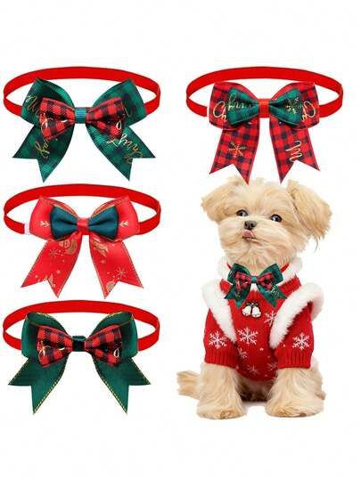 4件套圣诞限量版双层宠物领结，适合小型犬猫作为圣诞装饰领结，非常适合圣诞节和新年夜的日常拍照，款式随机。