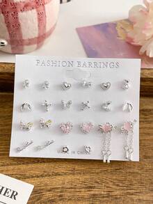 11 对猫眼耳钉套装，浅色蝴蝶结，闪光粉色耳环，锌合金水钻耳环，时尚适合日常佩戴，送给女朋友的礼物