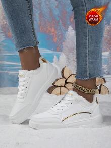 Women's Elegant & Comfortable Low-Top Sneakers - Lightweight EVA Sole, Warm Lining - White Upper With Gold Accents - Comfortable Casual Shoes, Minimalist Design, Soft Cushioning, Durable Traction, Ideal For Urban Lifestyle