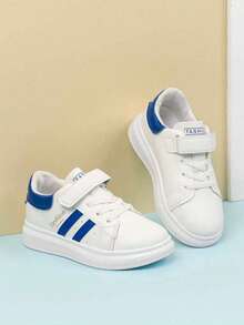 A Pair Of Children's White And Blue Hook And Loop White Sneakers With Multiple Stripes Are Versatile And Suitable For Daily Wear, Sports, And All-Day Comfort, As Well As For School, Play, And Outdoor Activities,Kids Shoes,Girls Shoes,School Shoes,Boys Trainers,Girls Trainers,Kids Trainers - Blue - View 1