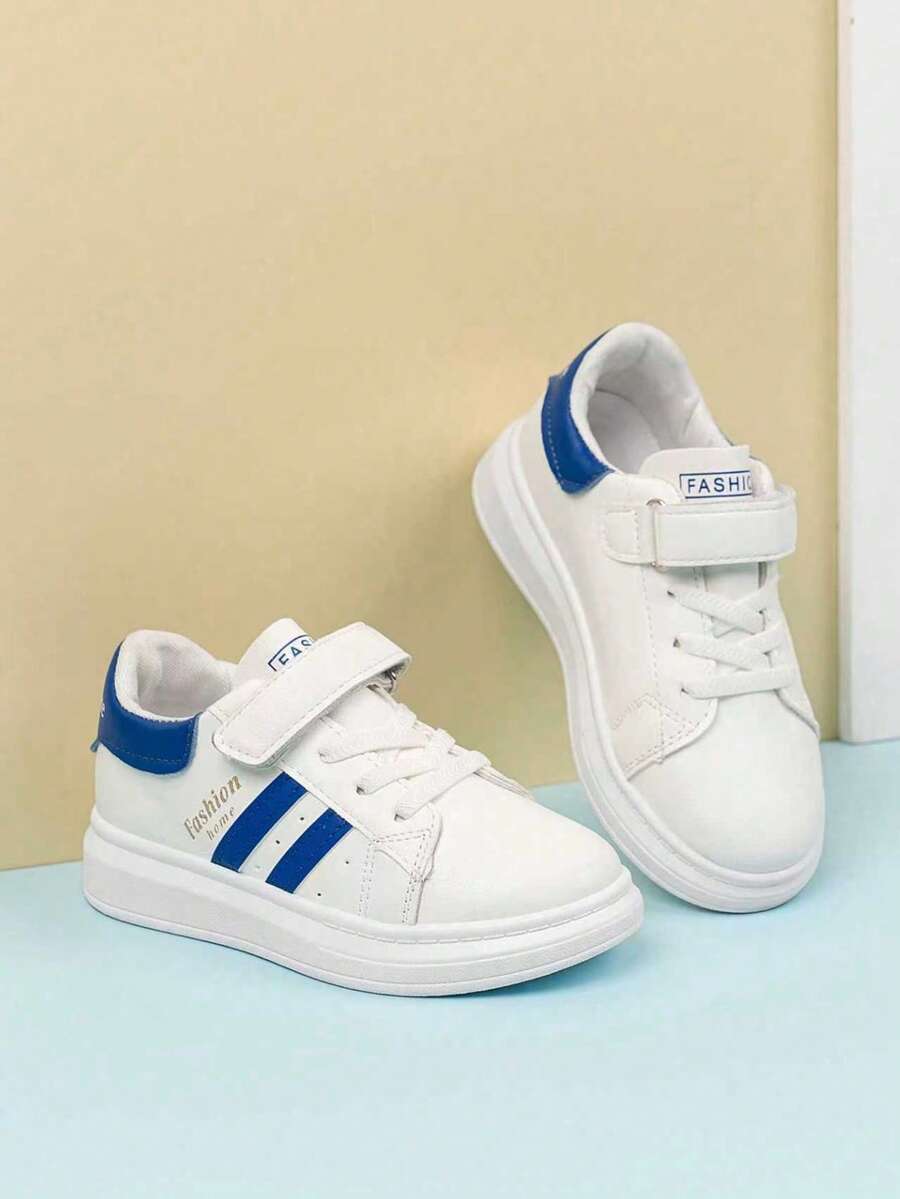 A Pair Of Children's White And Blue Hook And Loop White Sneakers With Multiple Stripes Are Versatile And Suitable For Daily Wear, Sports, And All-Day Comfort, As Well As For School, Play, And Outdoor Activities,Kids Shoes,Girls Shoes,School Shoes,Boys Trainers,Girls Trainers,Kids Trainers - Blue - View 1
