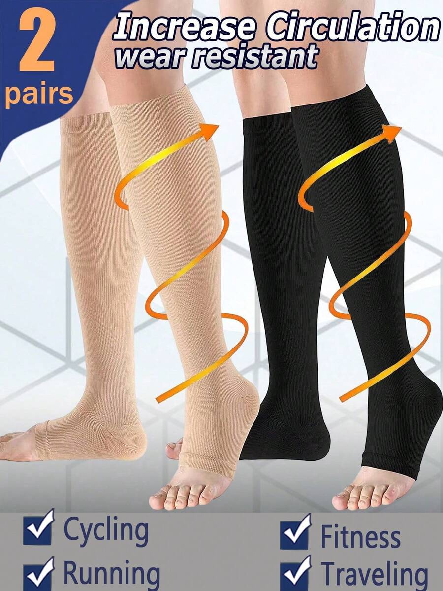 2 Pairs Open Toe Copper Compression Socks Women Men Toeless Footless Knee High Long Fit Cycling Running Sport Gym, Cozy