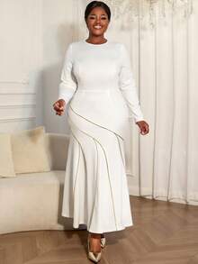 Women Curvy Modest White Long Sleeve Mermaid Pleated Dress With Gold Accent Lines For Wedding Guest Cocktail Party Dresses - 白色 - 查看 6