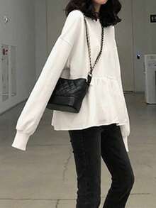 Camiseta de manga larga de color liso y corte holgado estilo coreano para mujer, ideal para estudiantes y para llevar de forma informal. Sudadera de mujer a la moda. - Blanco - Ver 5