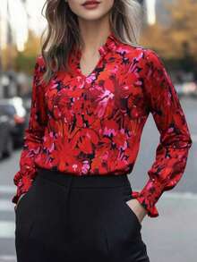 Elegant Women's Red Floral Button Down Blouse Regular Sleeve Regular Length Non-Stretch Fabric Top For Everyday Wear - Red - View 5