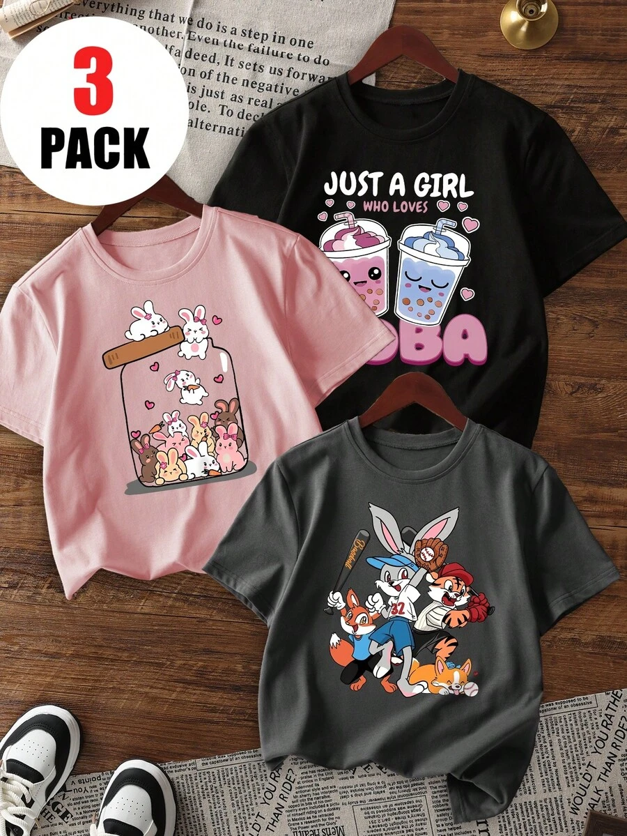 3件套女童休闲印花圆领短袖T恤，夏季学生童装 - 可爱的小动物兔子时尚T恤，为每个孩子带来欢乐和幸福！情人节 - 深灰色 - 查看 1