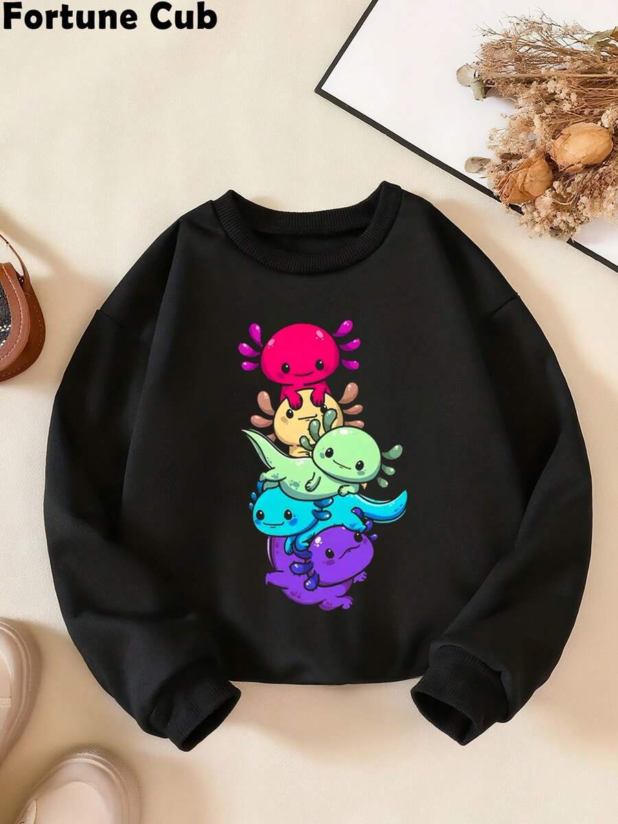 Y2KCHAOS Cute Colorful Axolotl Stack Print Sweatshirt Casual Comfortable Crewneck Long Sleeve Top For Women And Girls Vintage Style 240 Cotton Long-Sleeve Base Layer T-Shirt 100 Percent Cotton Graphic T Shirts Graphic Tee - 黑色 - 查看 1
