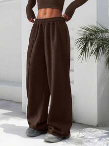 Plus 女士纯色休闲宽松带口袋纯色运动裤 - 棕色 - 查看 3