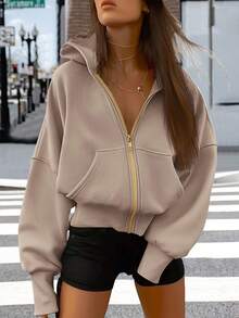 Women Casual Zipper Hoodie Long Sleeve Sweatshirt Y2K Hooded Jacket Fall Autumn Winter Going Out Clothes - Màu xám kaki - Xem 1