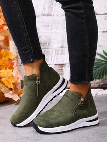 女士踝靴，女鞋冬靴，女士平底鞋，新款踝靴，女士拉链鞋 - 綠色 - 查看 9