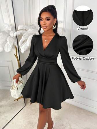 Amarilo Women's Autumn And Winter Elegant Solid Color V-Neck Slim Fit A-Line Puff Sleeve Satin Glossy Short Dress, Suitable For Parties And Daily Commuting Halloween Christmas