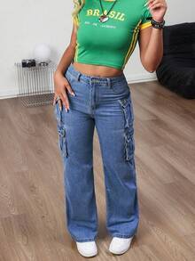 Women's Mid Rise Non-Stretchy Cargo Wide Leg Jeans - Elegant & Slim For Home Leisure - Dark Wash - View 3