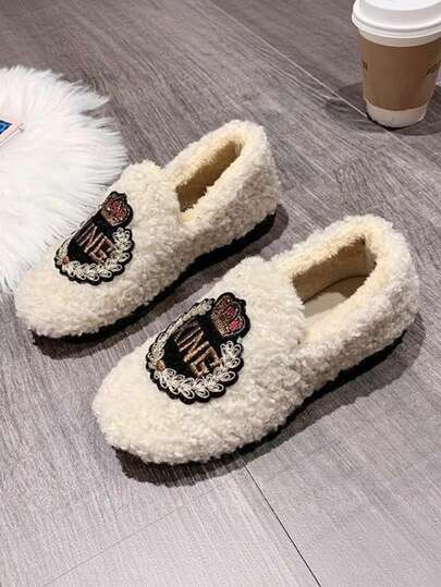 Beige Plush Embroidered Women Loafers, Warm Comfortable Non-Slip Lightweight Slip-On Shoes, Indoor & Outdoor Casual Wear For Autumn/Winter
