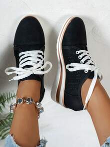 Women's Platform Lace-Up Casual Wedge Shoes, Fashion Thick Sole Sneakers, Spring/Autumn - Black - View 2