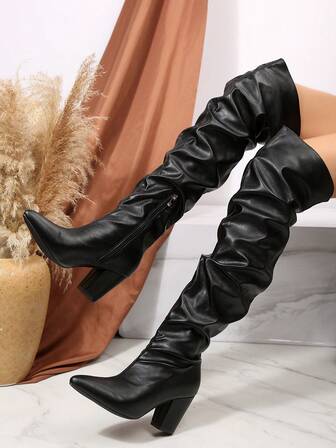 FVPFVP Botas altas de puntera cuadrada de cuero patentado inspiradas, botas de montar de tacón grueso ajustadas para mujer, otoño/invierno