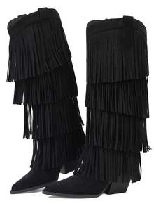 Vintage Cowgirl Outfits For Women Boots Pointed Toe Fringe Detail Chunky Mid Heel Pull On Festival Shoes Country Concert Wide Calf Boots Women Plus Size - màu đen - Xem 4