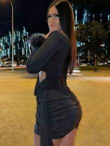 Váy ôm sát gợi cảm mùa thu với tay áo bồng bềnh và eo khoét sâu, thiết kế thời trang - Màu xám đen - Xem 4