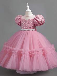 年轻女孩公主派对串珠亮片蓬松长裙、生日婚纱 - 藕粉色 - 查看 3