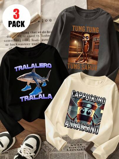 3件套男童休闲卡通印花圆领长袖T恤，秋季学生青少年服装 - 宽松舒适上衣，吸睛长袖T恤，让孩子们笑容满面，图案包括神话生物、咖啡、忍者、木偶、鲨鱼