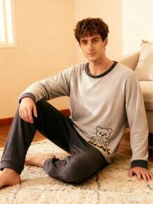 简约男士睡衣套装，保暖法兰绒睡衣，长袖宽松上衣搭配宽松长裤，秋冬款