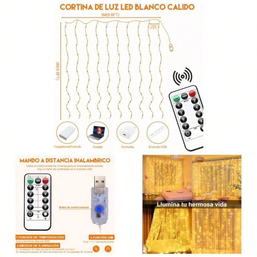 Cortina de Luces 3mx3m 2pcs, 300 Leds Cascada De Luces Con Ganchos, 8 Modos De Luces Con Control Remoto, Ip65 Impermeable, Para Interior y Exterior, Navidad, Cumpleaos, Boda. - 2 unidades - 3 m x 3 m - Ver 1