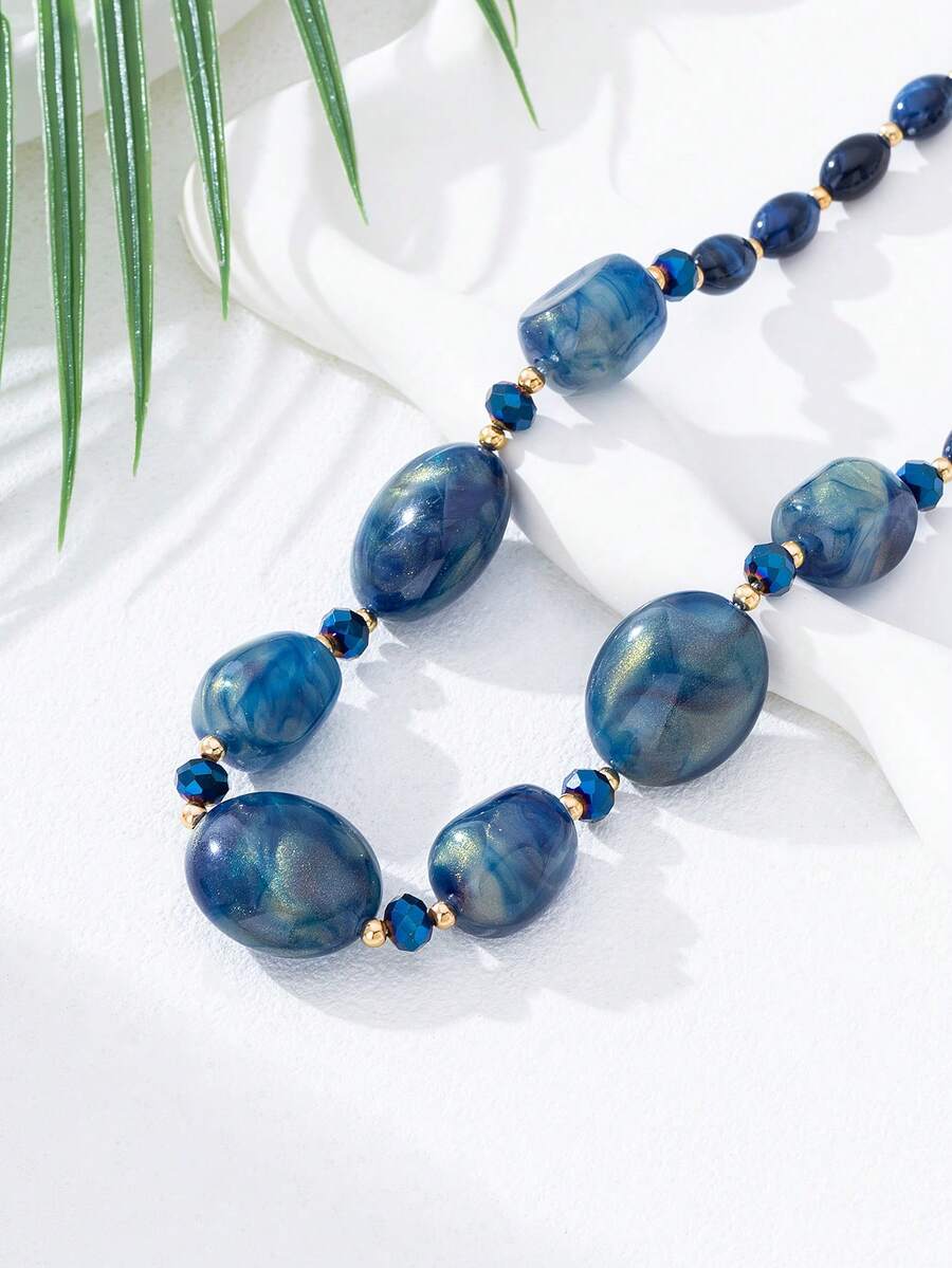 Kalung Manik-Manik Asimetris Warna Burgundy, Kalung Choker Minimalis Chic, Gaya Hiphop - Biru - View 1