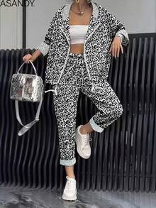 女士秋冬畅销裤装套装 - 随机印花连帽上衣和直筒裤，休闲日常穿搭，春假度假必备 - 灰色 - 查看 3