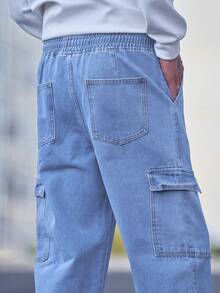 Vaqueros informales de corte holgado para hombre con cintura con cordón y múltiples bolsillos. - Azul - Ver 8