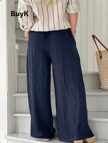 BuyK [Pants]BuyK Women's Navy Blue High-Waisted Buttoned Linen Wide-Leg Pants - Unlock American Lazy Chic