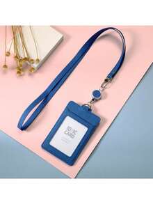 紋理卡片套，可縮收夾和掛繩，適用於學生和專業人士，PU皮革身份證卡卷軸 - 豎 - 查看 19