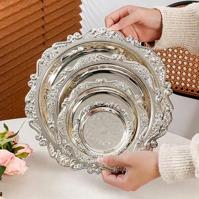 1pc Vintage Decorative Tray, Retro Metal Carved Small Plate For Jewelry, Snacks, Cake, Tea Cup, Candle, Home Decor, Cafe Photography Props