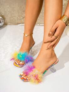 Women's Summer Mule Sandals, Open Toe Slip-On Fluffy Faux Fur Fashion Casual Transparent Chunky Heel High Heels