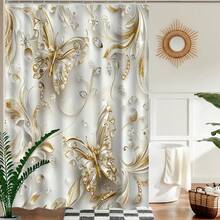 1. 优雅蝴蝶图案浴帘，防水防霉，可机洗，涤纶材质，不遮光，轻盈透气。颜色可能因光线条件略有不同。包含12个挂钩 - 艺术浴室装饰。 - 彩色 - 查看 5