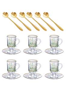 一套六件中东风格茶杯碟套装，复古棕色玻璃花卉图案茶/咖啡杯，杯腰设计，加厚杯底，防止茶水变凉，适合六人使用，是生日、聚会、下午茶的理想之选。 - 彩色 - 查看 16