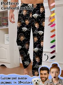 [Customizable Pajama Pants] Customizable Christmas Men's Pajama Pants - Comfortable Polyester And Spandex Loungewear Pants With Face Photo Print, Casual Knit Fabric, Regular Fit, Winter - Black - View 3
