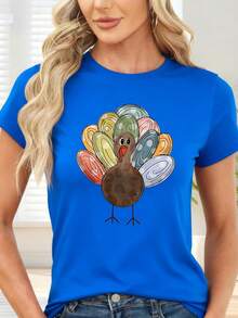 T-Shirt With Multicolor Turkey Print For Thanksgiving Party - Blue - View 6